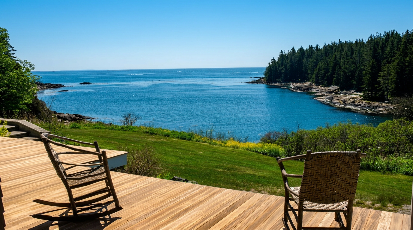 Two weathered Adirondack chairs overlooking the cove from McGee Island
