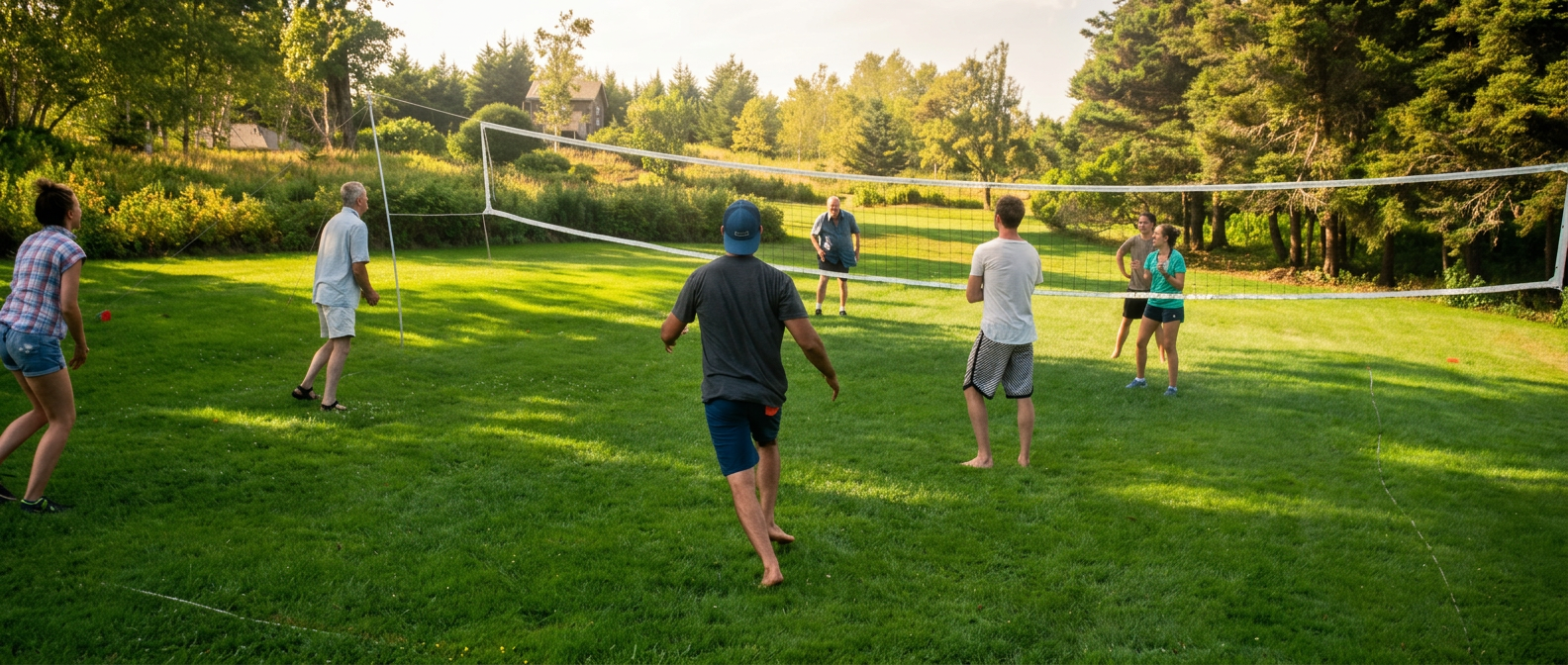 Guests playing lawn volleyball on McGee Island